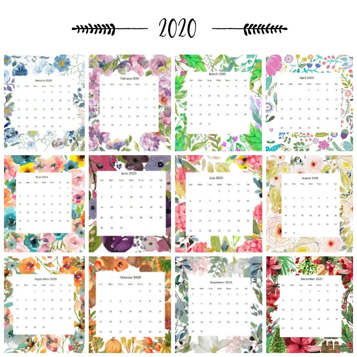 2020 Watercolor Printable Calendars by Month for Free