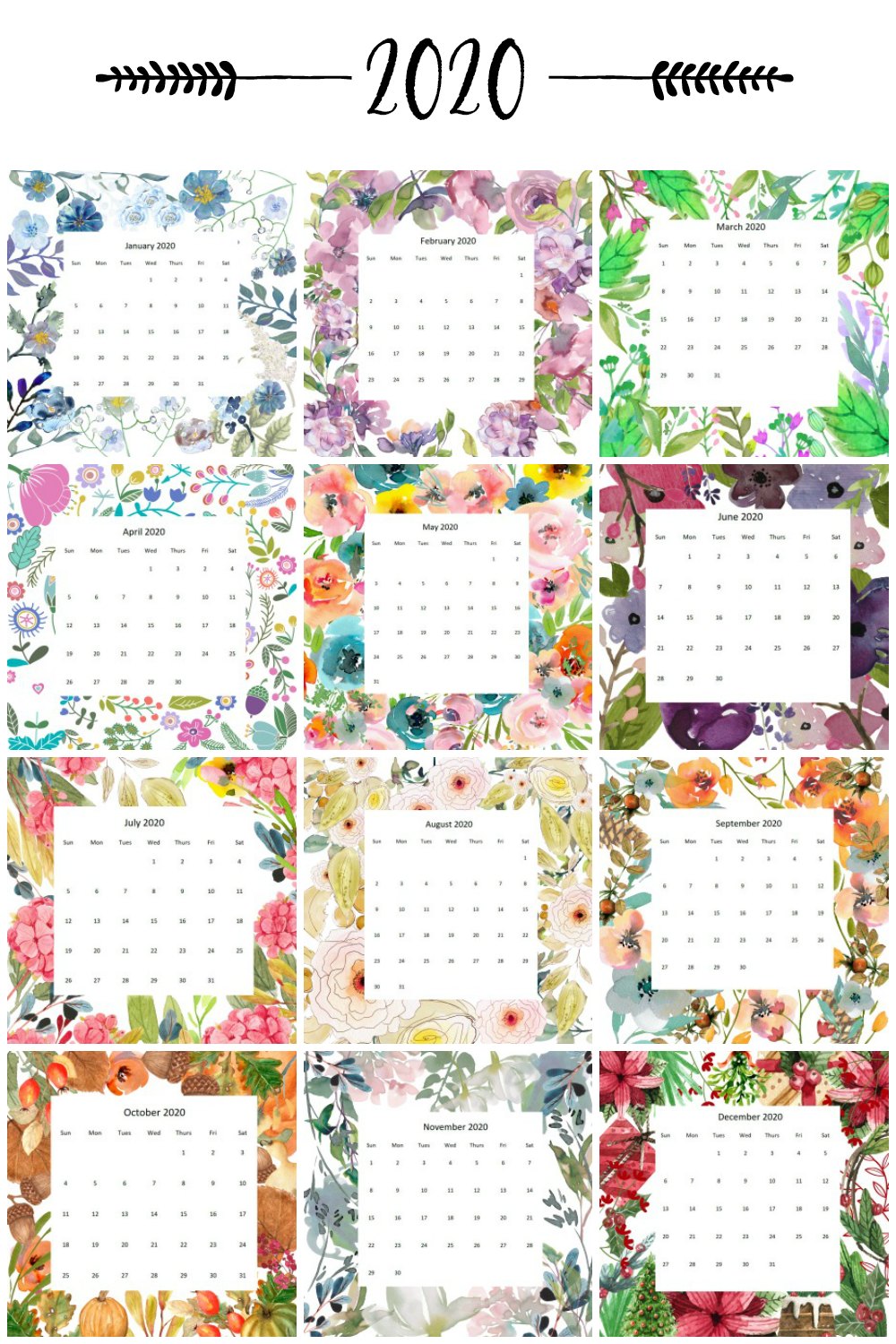 2020 Watercolor Printable Calendars by Month