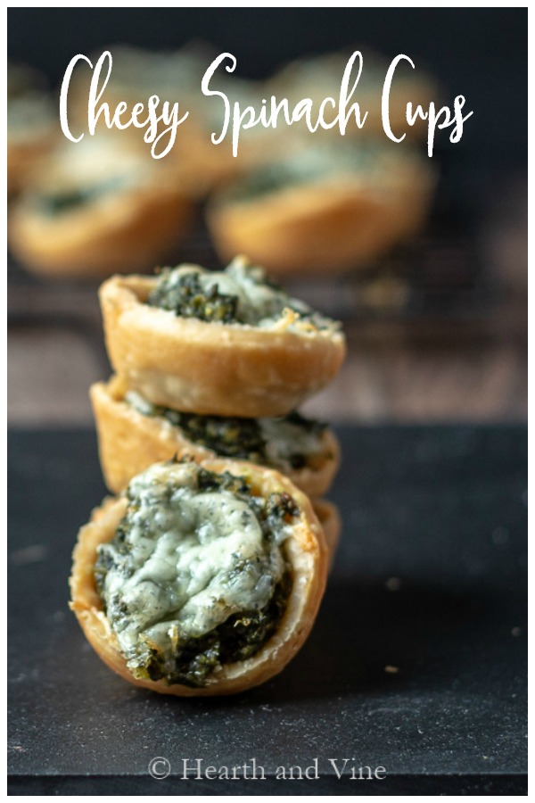 Vertical pictures of cheesy spinach cups in a stack