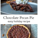 Slice of chocolate pecan pie and whole pie below.