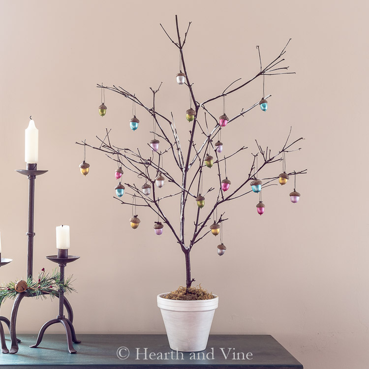 DIY Branch Christmas Tree with Metallic Acorn Ornaments