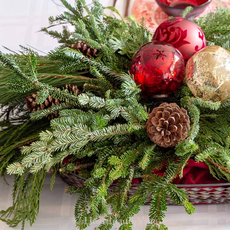 Christmas Table Centerpiece Made With Evergreens And Ornaments Hearth And Vine 9283