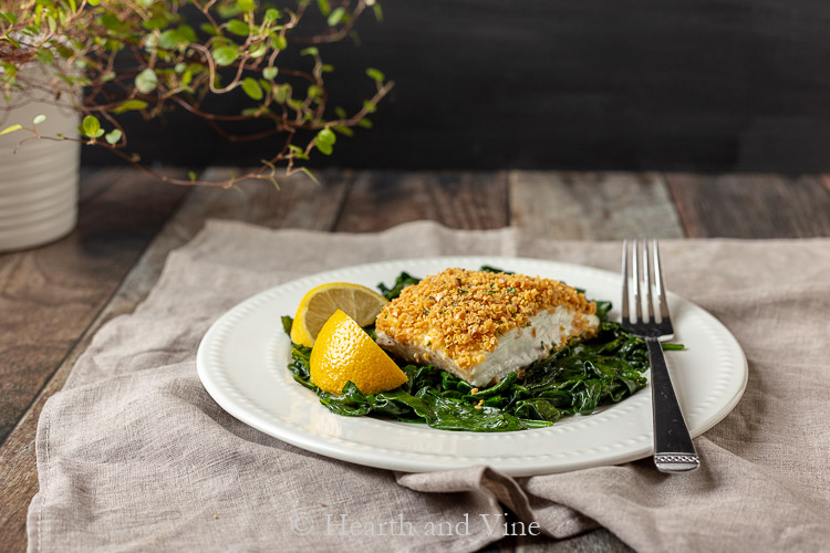 Dish of baked halibut with chickpea crust