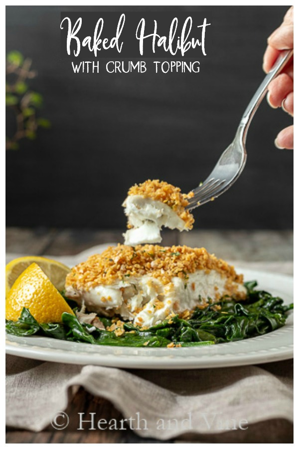 Baked halibut with forkful