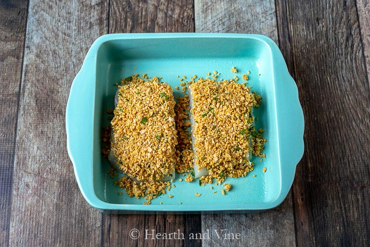 Halibut with chickpea crumb topping in baking dish