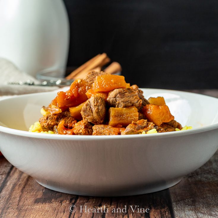 Eggplant and Beef Stew with Turmeric Rice Hearth and Vine