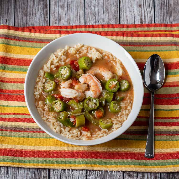 Bowl of Cajun shrimp gumbo.