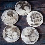 Five coasters with black and white kids pictures