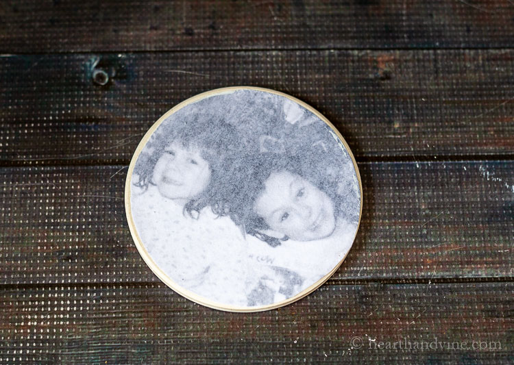 Dried photo on coaster with transfer medium