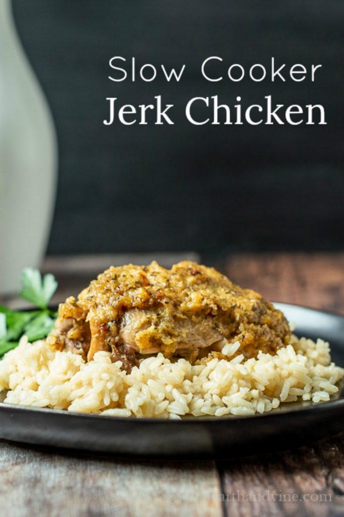 Slow cooker jerk chicken and rice.