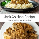 Jerk chicken over rice and a platter of jerk chicken pieces