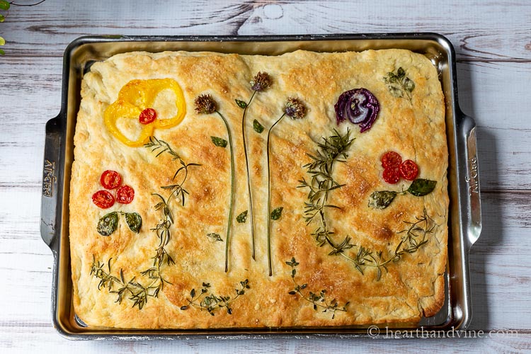 Focaccia bread art baked in a pan.