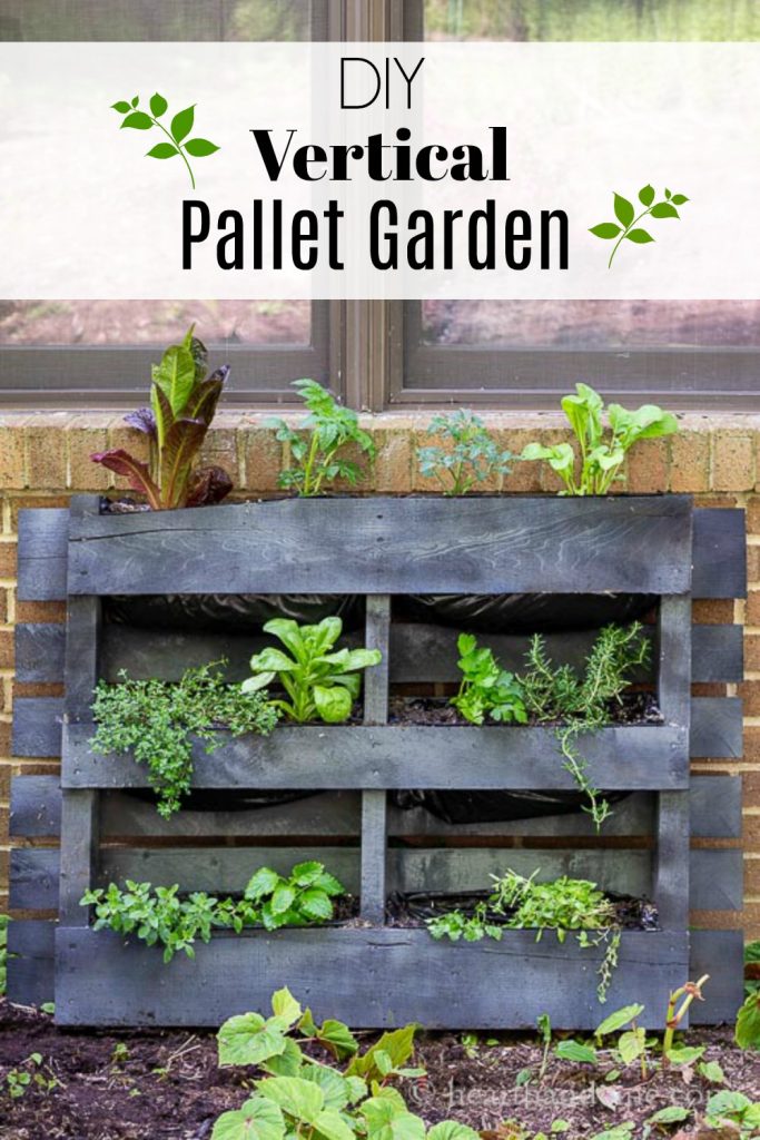 Upcycled wood pallet in to a vertical garden and text overlay.