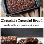Two images stacked on top of each other. The first is a chocolate zucchini bread in a loaf pan and the bottom is the bread on a cooling rack with a few slices.