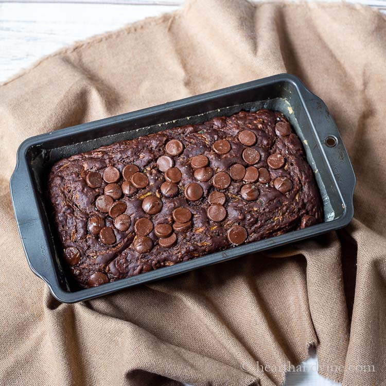 Chocolate zucchini bread in a loaf pan