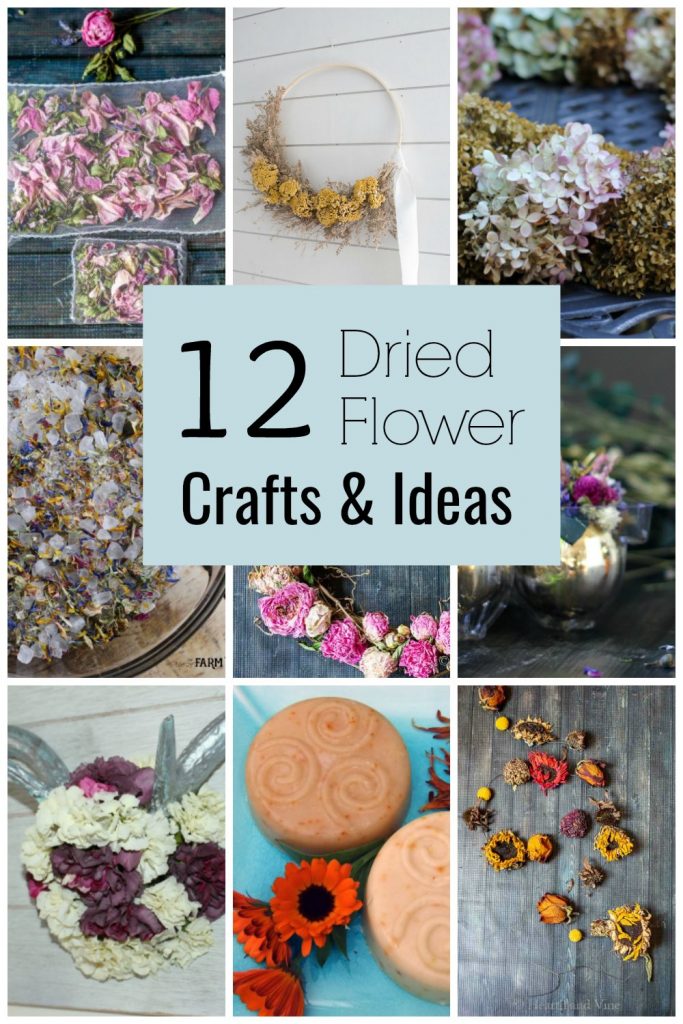 Grid of 9 images of dried flower projects with text overlay saying 12 Dried Flower Crafts & Ideas