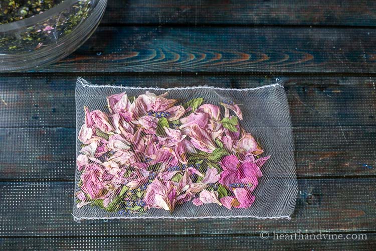 Dried flowers in a tulle bag.