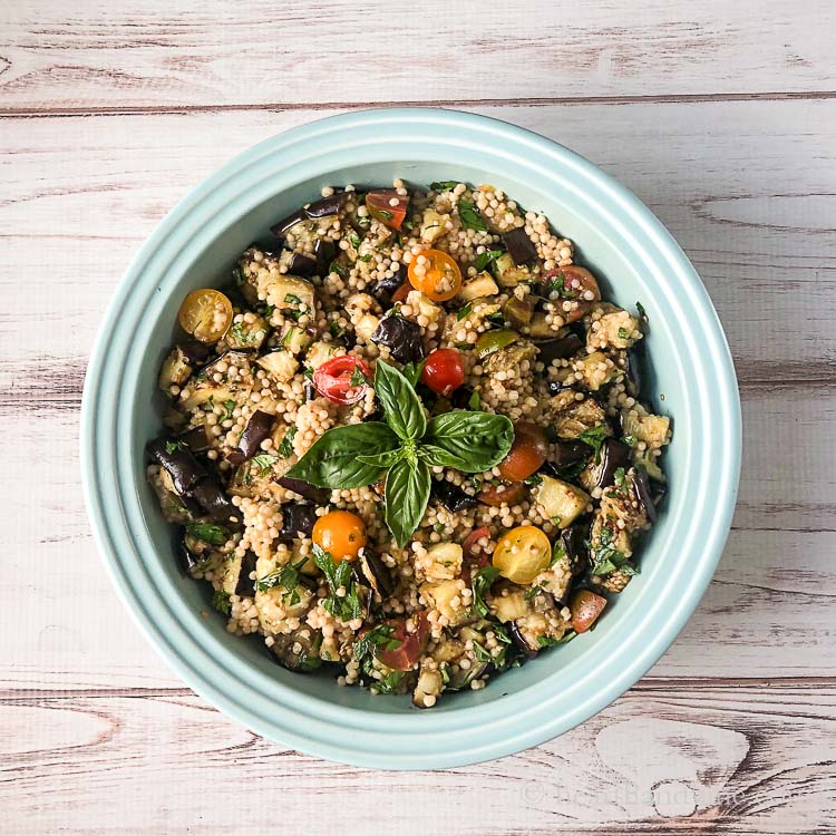 Grilled eggplant salad with heirloom tomatoes and Palestinian couscous.