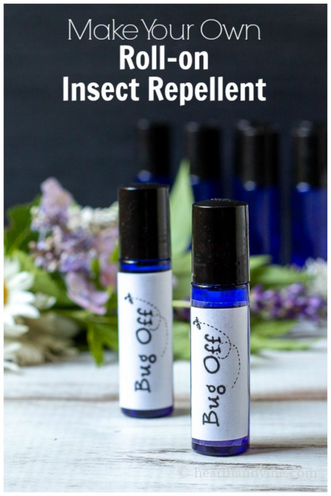 Two homemade insect repellent oil in roller ball bottles with label, bug off