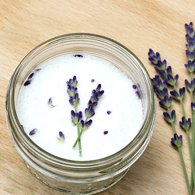 Jar of lavender sugar and fresh lavender branches