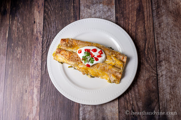 Serving of two enchiladas on a plate with sour cream, tomatoes and cilantro.
