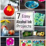 Collage of alcohol ink projects including a Christmas ornament, jewelry dishes, pumpkins, marble paper, metal tins, trivets and ceramic tile.