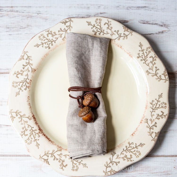 Acorn napkin tie around a linen napkin in the center of a dinner plate.