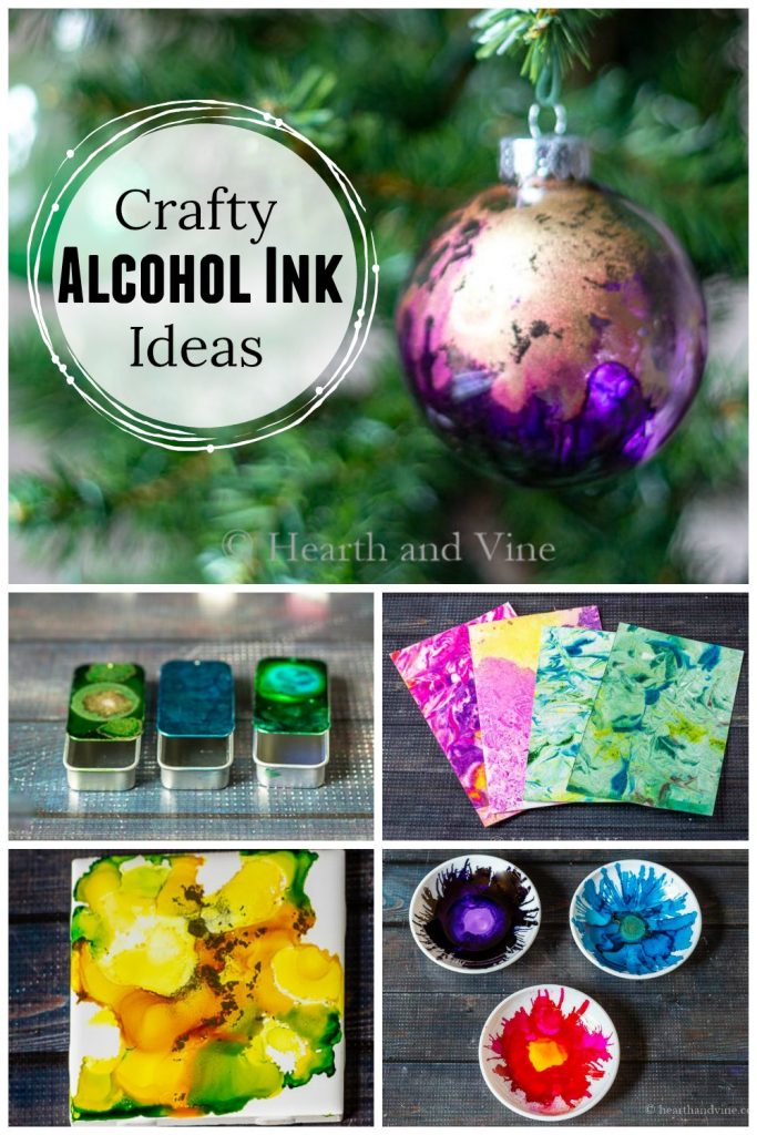 A Christmas ornament, metal slider tins, marbled paper, ceramic tiles and jewelry dishes all in a collage made with alcohol inks.