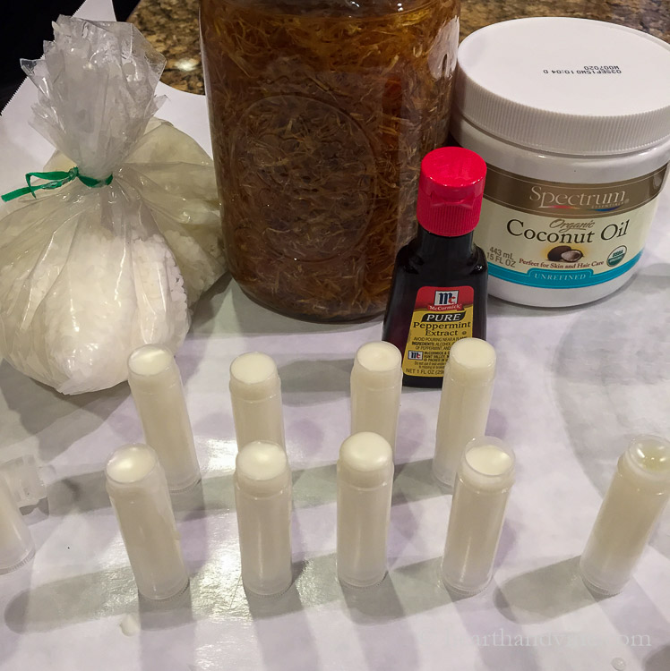 Beeswax, calendula infusion, pepperment extract, coconut oil and lip balm tubes.