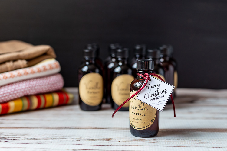 Vanilla extract bottle with Merry Christmas tag.