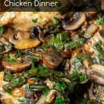 Mushrooms, shishito peppers, fresh parsley and chicken breasts in a pan.