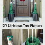 Three images. The top image shows our front porch with a red wreath and two faux Christmas trees in planters on each side.