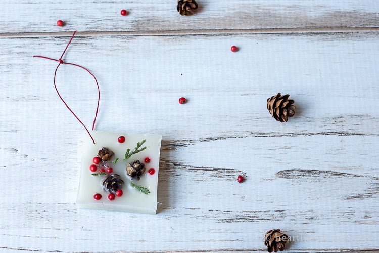 Wax scented Christmas ornament with a red twine hanger on a table with berries and min pinecones.