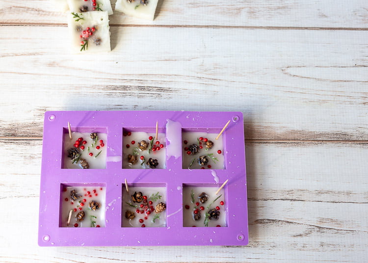 Six cell square soap mold with beeswax faux red berries, evergreens and mini pine cones. Each has a wooden toothpick in the corner.