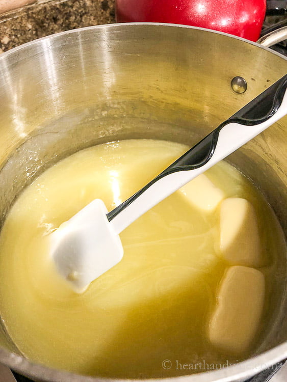 Sugars, cream and butter in a heavy saucepan.