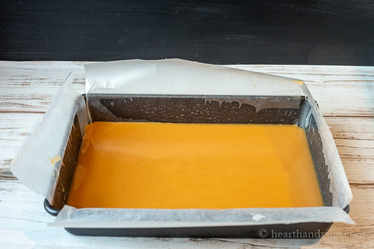 Caramel mixture poured into a prepared pan.