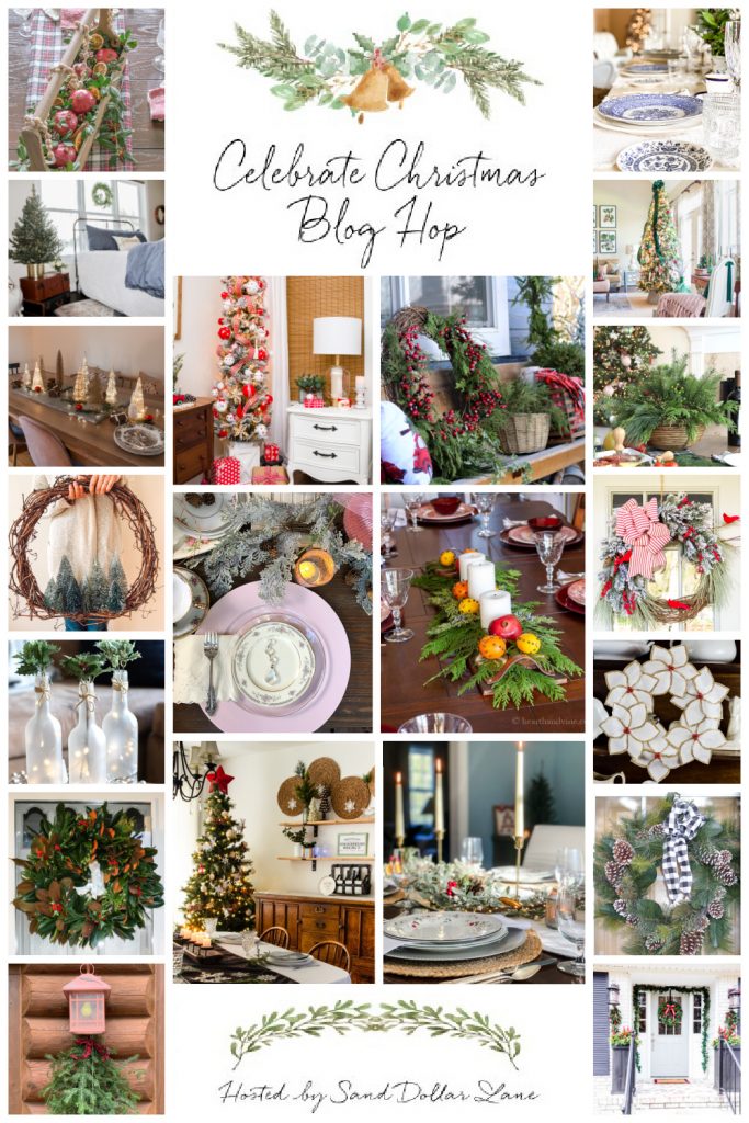 Large collage of blog hop Christmas wreaths, trees and table decorations.