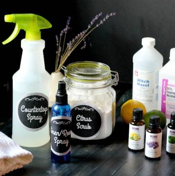 Bottles of homemade cleaners and essential oils