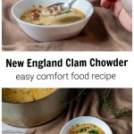 Hand holding a spoonful of New England clam chowder over Bowl of New England clam chowder next to a full pot.