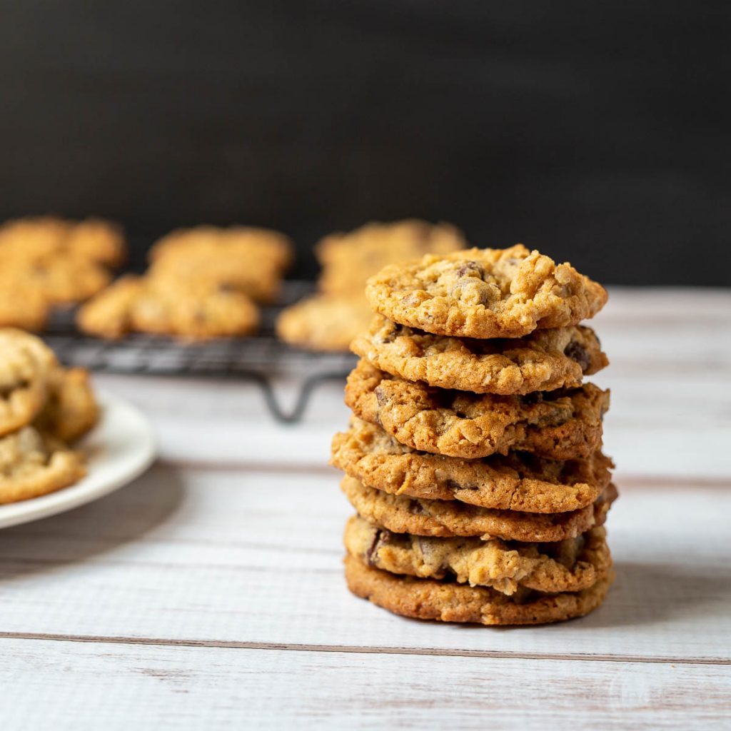 Close up chocolate chip cookie stack.