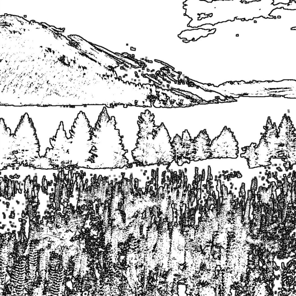 Black and white coloring book image of a landscape of mountains, a lake and evergreens with flowers in  the foreground.