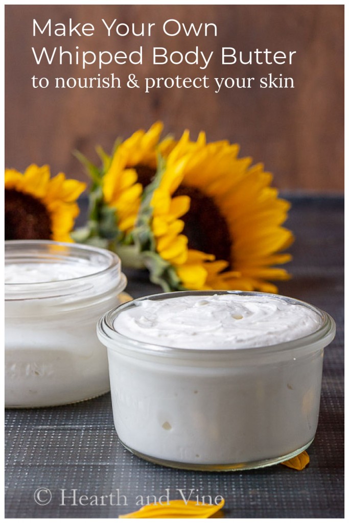 Jars of whipped body butter and sunflowers.