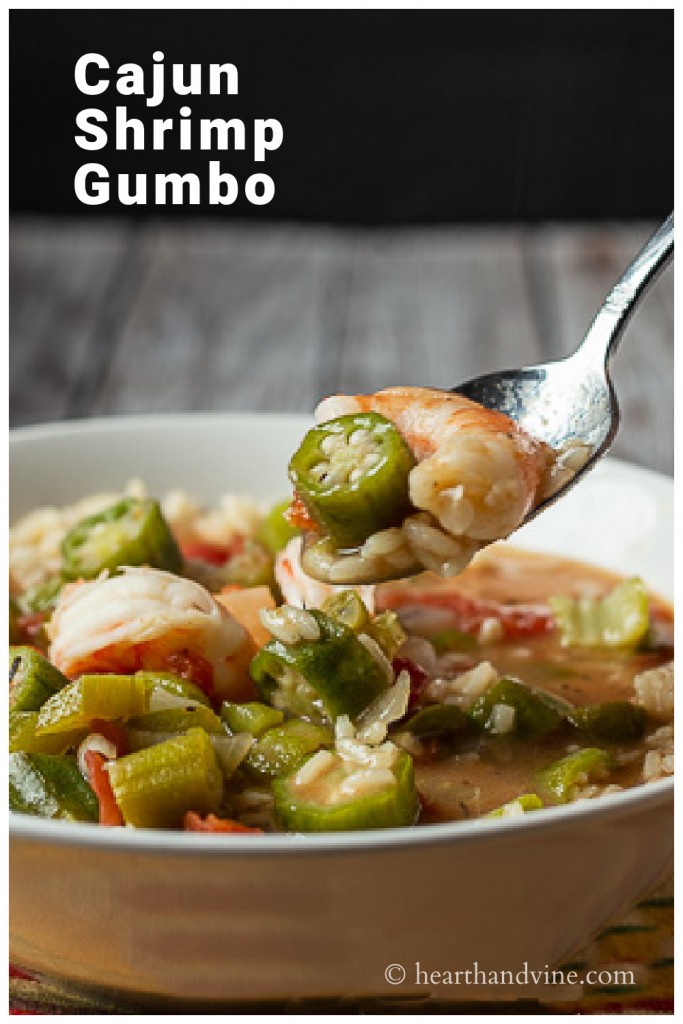 Bowl of shrimp gumbo with spoon.