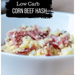 White bowl with corned beef, eggs and cauliflower rice.