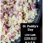 Partial view of large black skillet with corned beef, cauliflower rice and eggs.