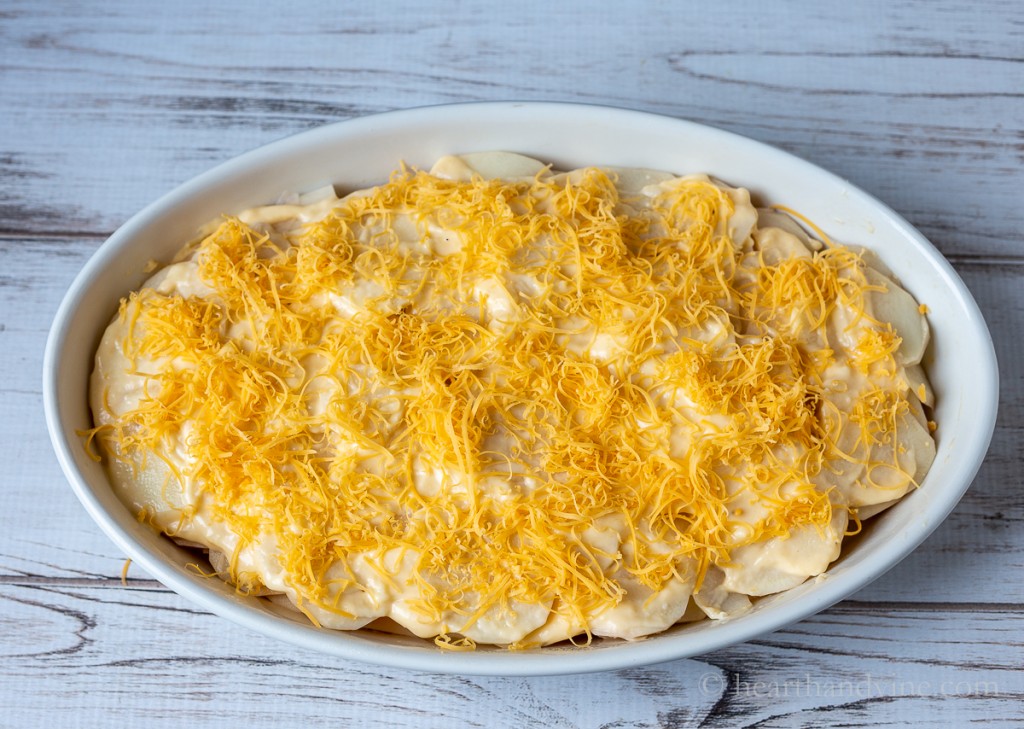 Baking pan with layers of thinly sliced potatoes, cheese sauce and grated cheddar on top.