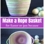 Spring colors rope basket with colored eggs on the side over the same basket with an inside view.
