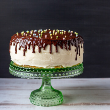 Chocolate drip cake with pastel nonpareils