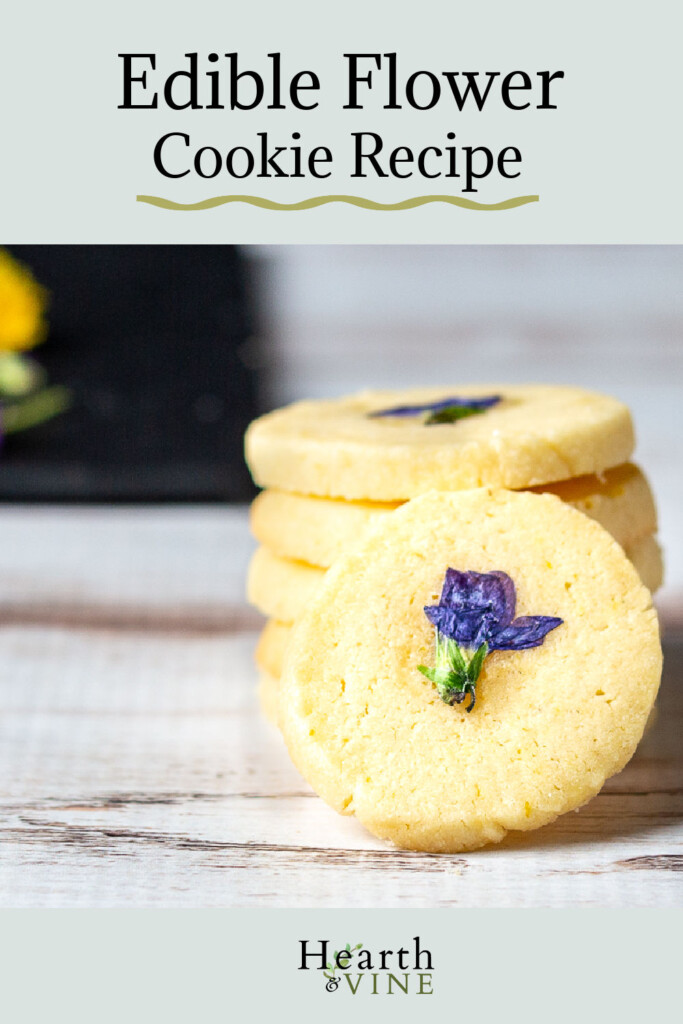 Stack of cookies with wild violet flowers on top.