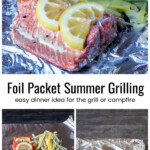 Salmon and veggies on foil over the same uncooked and a wrapped foil packet.